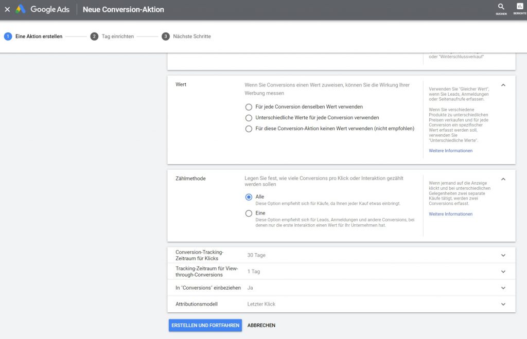Google Ads Conversion Tracking Aktion auswählen